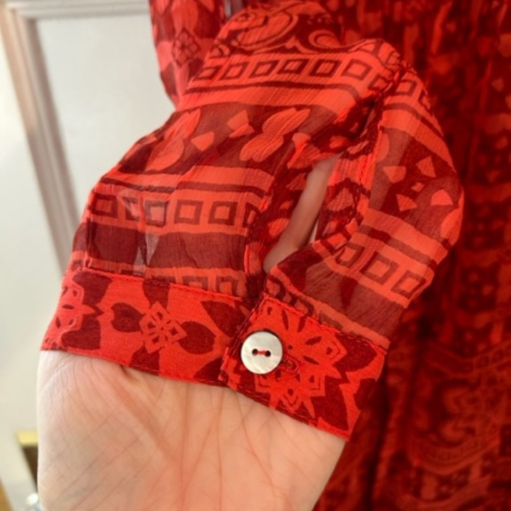 Anthropologie. Maeve. Red Printed Long-Sleeve Tiered Dress - Picture 6 of 15